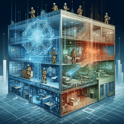 Vibrant illustration of seamless ERRCS connectivity for first responders inside a modern building.