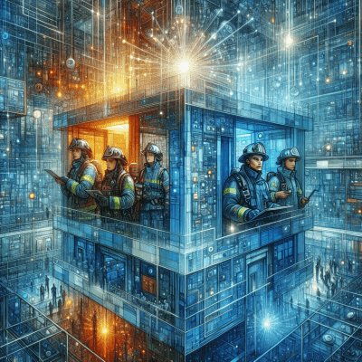 Stylized building interior with first responders, glowing network lines symbolize reliable ERRCS communication for public safety.