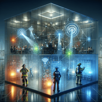 Dynamic illustration of an ERRCS ensuring seamless communication for first responders within a building.