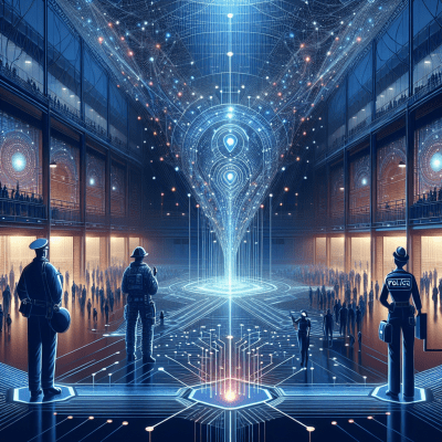 First responders connected by a glowing network in a venue, representing reliable ERRCS for safety communication.
