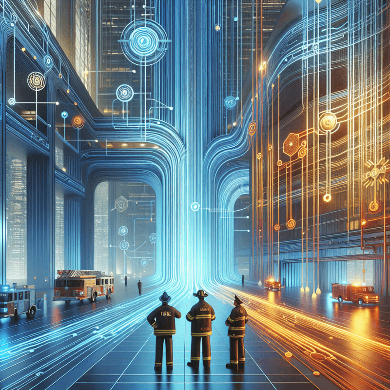 ERRCS connectivity for first responders and engineer, shown in a building with a glowing data network ensuring safety.