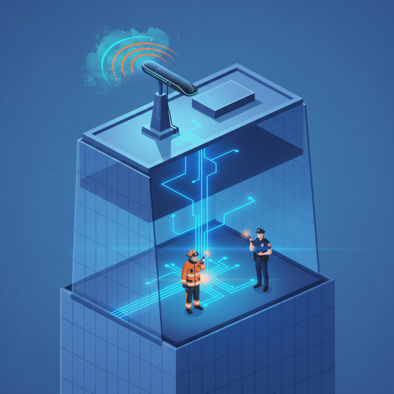A public safety signal flows from an antenna through a building, ensuring reliable radio communication for first responders.