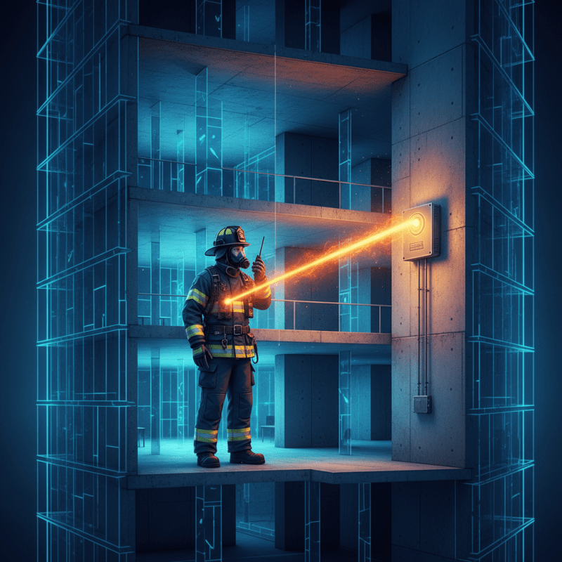 Firefighter connecting to a Class A BDA signal through walls for precise public safety communication.