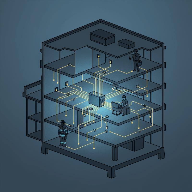 An in-building ERRCS connects a firefighter and police officer, ensuring reliable public safety communication.
