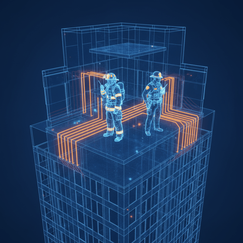 Blueprint view of first responders connected by glowing ERRCS signals in a high-rise building.