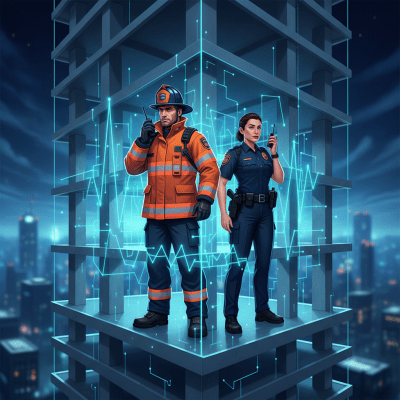 First responders communicating via Public Safety DAS signals within a modern building structure.