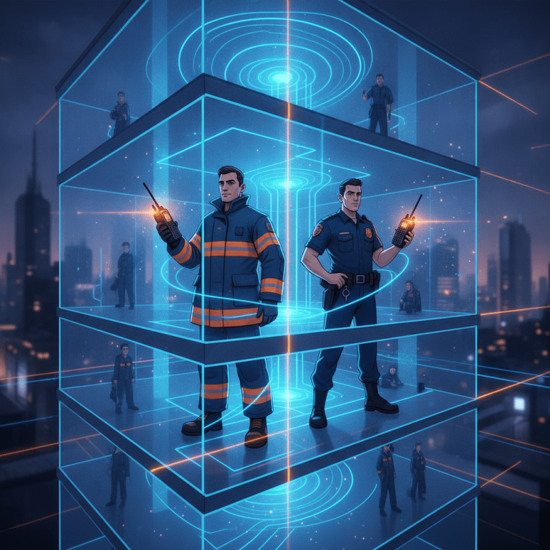 First responders in a building connected by glowing signals, illustrating flawless ERCES public safety communication.