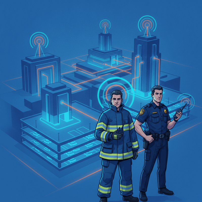 Network lines connect first responders across a multi-building campus, showing seamless ERRCS public safety communication.