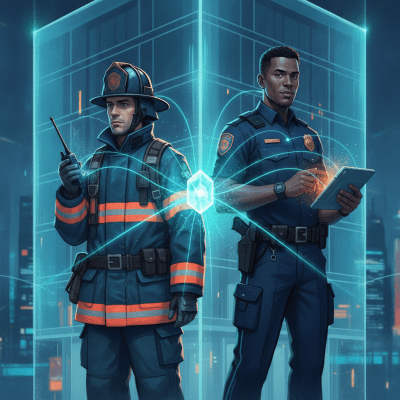 An ERRCS network connects a firefighter, police officer, and engineer inside a commercial building for public safety.