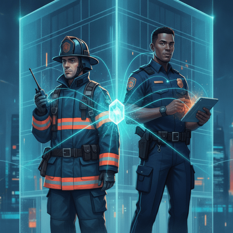 An ERRCS network connects a firefighter, police officer, and engineer inside a commercial building for public safety.